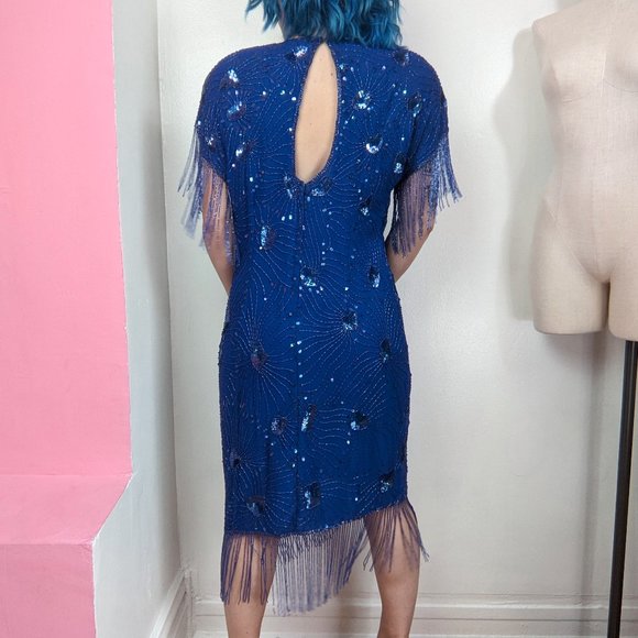 Vintage 80s Blue Sequin & Beaded Fringe Party Dress - Picture 4 of 10